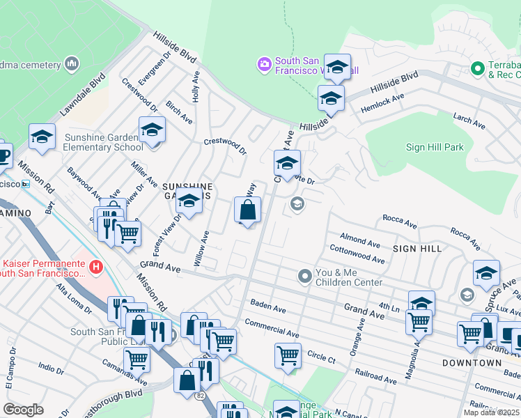 map of restaurants, bars, coffee shops, grocery stores, and more near Nursery Way in South San Francisco