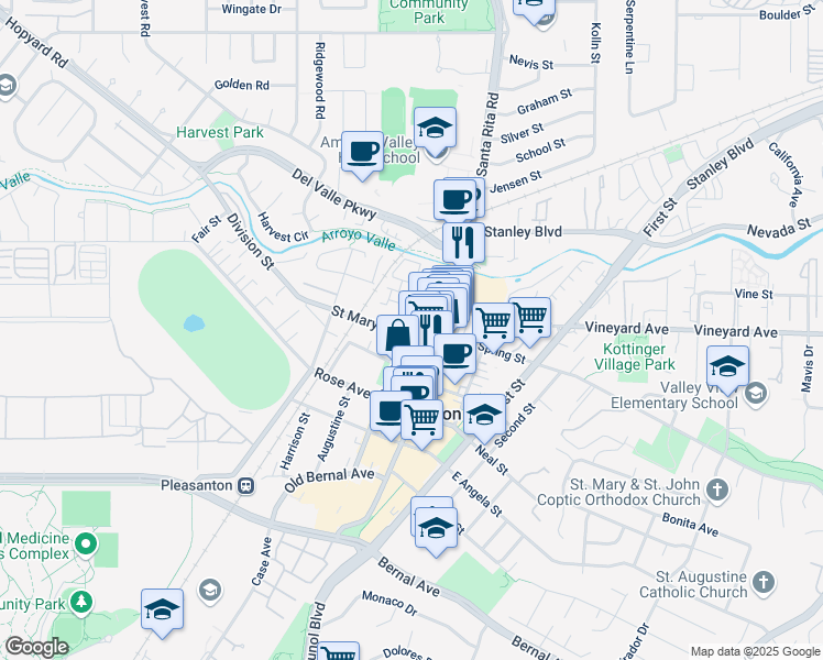 map of restaurants, bars, coffee shops, grocery stores, and more near 417 Saint Mary Street in Pleasanton