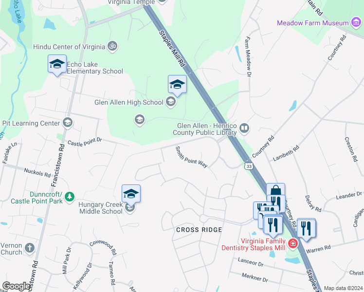 map of restaurants, bars, coffee shops, grocery stores, and more near 10729 Smith Point Way in Glen Allen