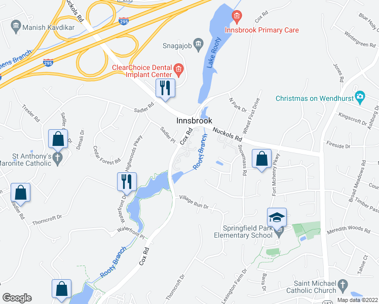 map of restaurants, bars, coffee shops, grocery stores, and more near 4641 Four Seasons Terrace in Glen Allen