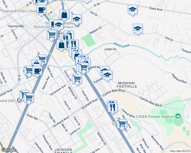 map of restaurants, bars, coffee shops, grocery stores, and more near 24567 Margaret Drive in Hayward