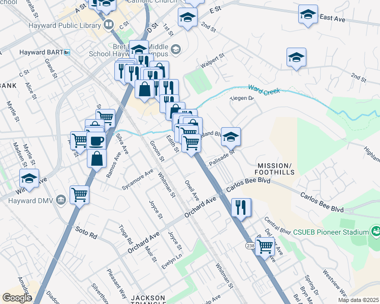 map of restaurants, bars, coffee shops, grocery stores, and more near 24518 Mission Boulevard in Hayward