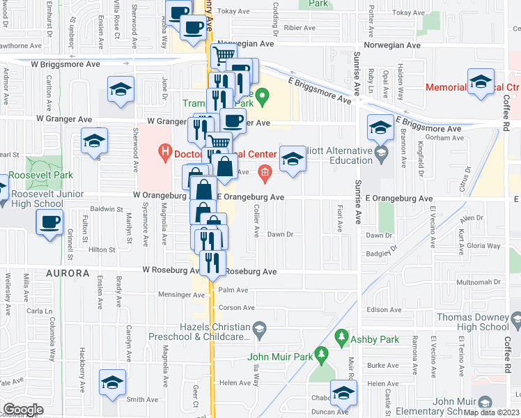 map of restaurants, bars, coffee shops, grocery stores, and more near 1334 Collier Avenue in Modesto