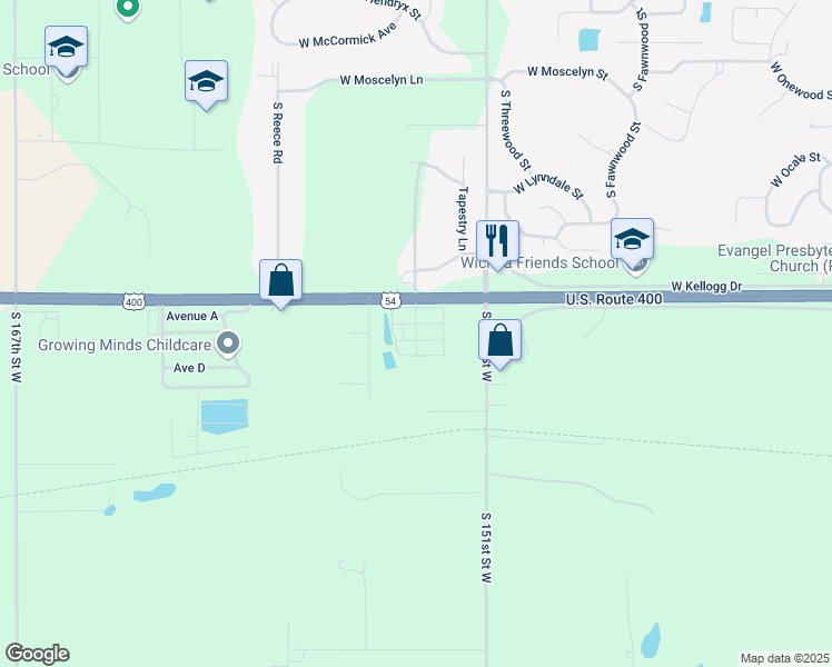 map of restaurants, bars, coffee shops, grocery stores, and more near 15425 West Kellogg Avenue in Goddard
