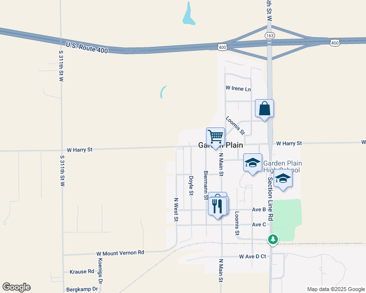 map of restaurants, bars, coffee shops, grocery stores, and more near 633 West Harry Street in Garden Plain