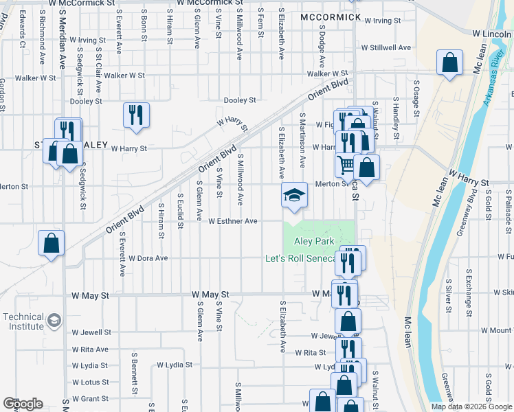 map of restaurants, bars, coffee shops, grocery stores, and more near 1721 South Fern Street in Wichita