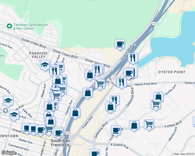 map of restaurants, bars, coffee shops, grocery stores, and more near 7 Butler Avenue in South San Francisco
