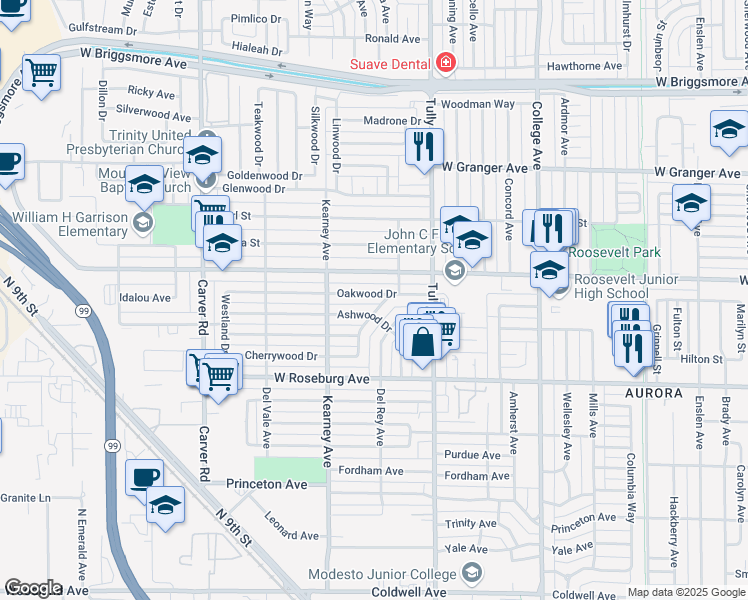 map of restaurants, bars, coffee shops, grocery stores, and more near 1406 Oakwood Drive in Modesto