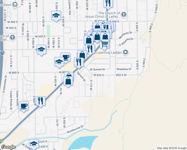 map of restaurants, bars, coffee shops, grocery stores, and more near 130 West Sunset Drive in Cedar City
