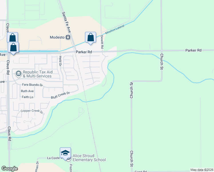 map of restaurants, bars, coffee shops, grocery stores, and more near 1324 Trails Way in Modesto