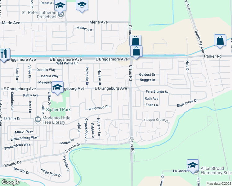 map of restaurants, bars, coffee shops, grocery stores, and more near 1333 Glenbrook Way in Modesto