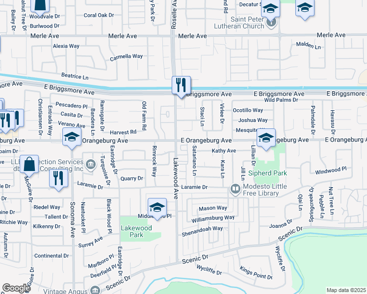 map of restaurants, bars, coffee shops, grocery stores, and more near in Modesto