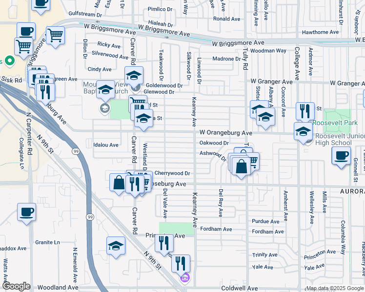 map of restaurants, bars, coffee shops, grocery stores, and more near 1529 Oakwood Drive in Modesto