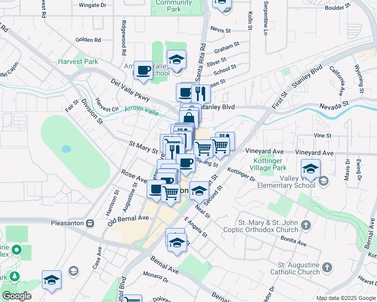 map of restaurants, bars, coffee shops, grocery stores, and more near 312 Ray Street in Pleasanton