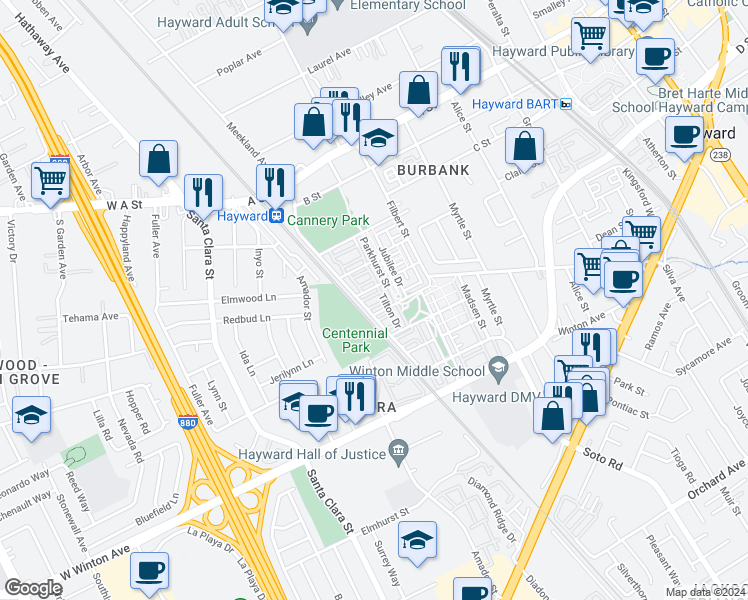 map of restaurants, bars, coffee shops, grocery stores, and more near 320 Williams Way in Hayward