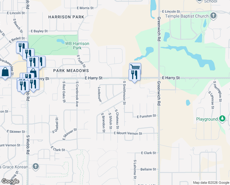 map of restaurants, bars, coffee shops, grocery stores, and more near 10619-10703 East Lockmoor Street in Wichita