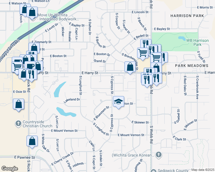 map of restaurants, bars, coffee shops, grocery stores, and more near 1645 South Cypress Street in Wichita