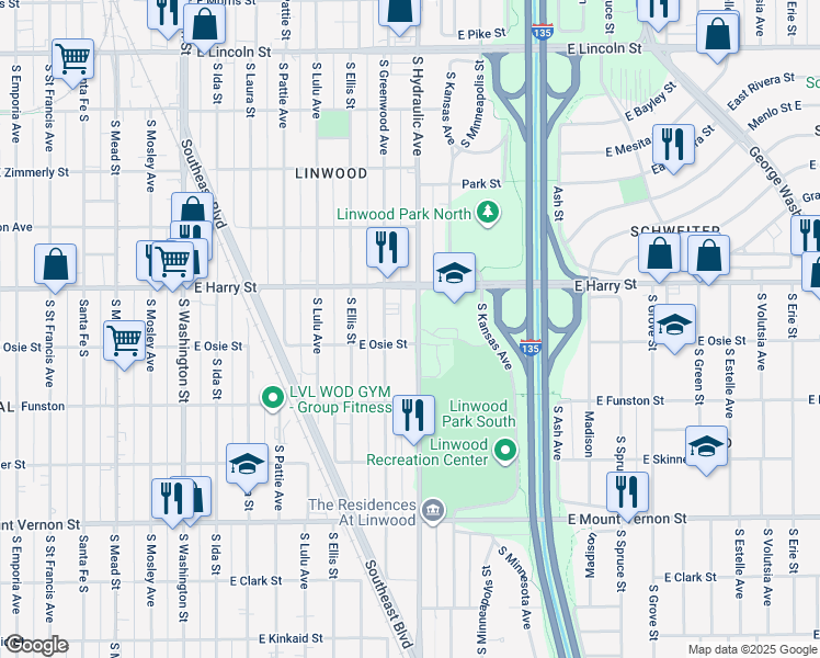 map of restaurants, bars, coffee shops, grocery stores, and more near 1631 South Hydraulic Avenue in Wichita