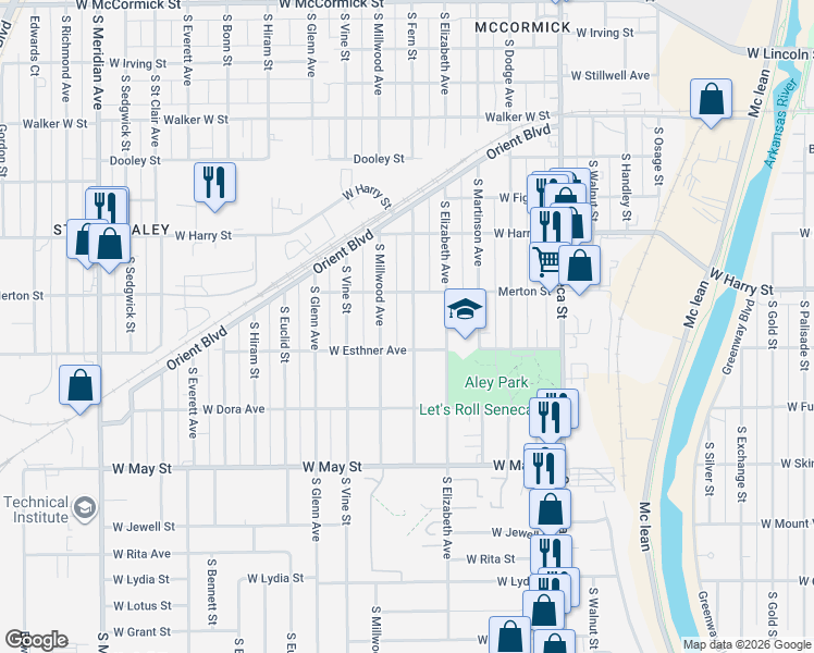 map of restaurants, bars, coffee shops, grocery stores, and more near 1721 South Fern Street in Wichita