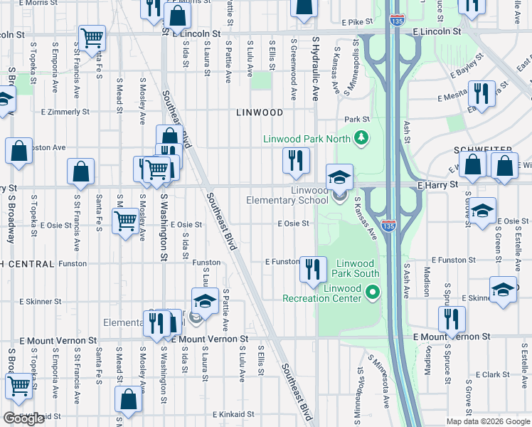 map of restaurants, bars, coffee shops, grocery stores, and more near 1641 South Ellis Street in Wichita