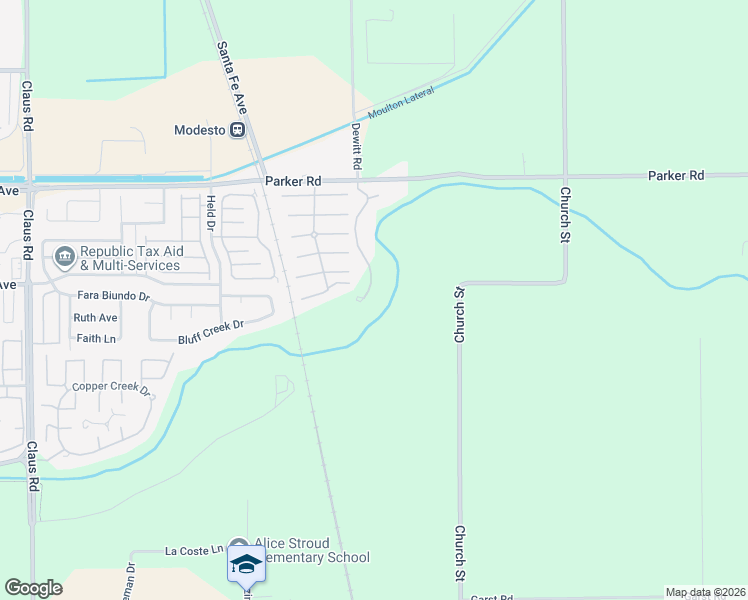 map of restaurants, bars, coffee shops, grocery stores, and more near 1324 Trails Way in Modesto