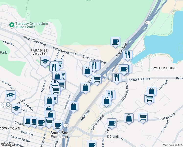 map of restaurants, bars, coffee shops, grocery stores, and more near 7 Butler Avenue in South San Francisco
