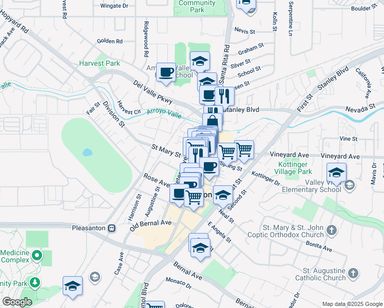 map of restaurants, bars, coffee shops, grocery stores, and more near 749 Main Street in Pleasanton