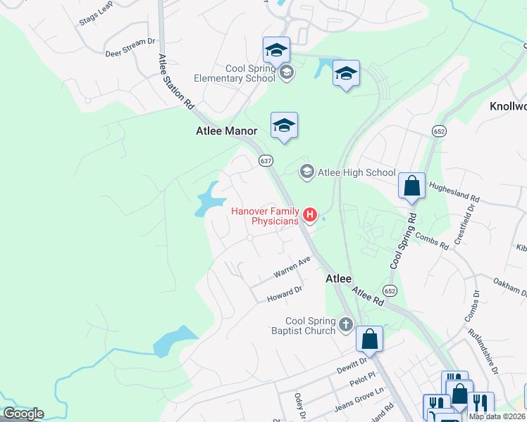 map of restaurants, bars, coffee shops, grocery stores, and more near 9427 Atlee Station Road in Mechanicsville