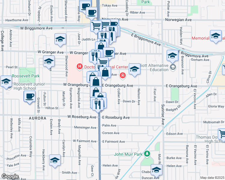 map of restaurants, bars, coffee shops, grocery stores, and more near 150 East Orangeburg Avenue in Modesto