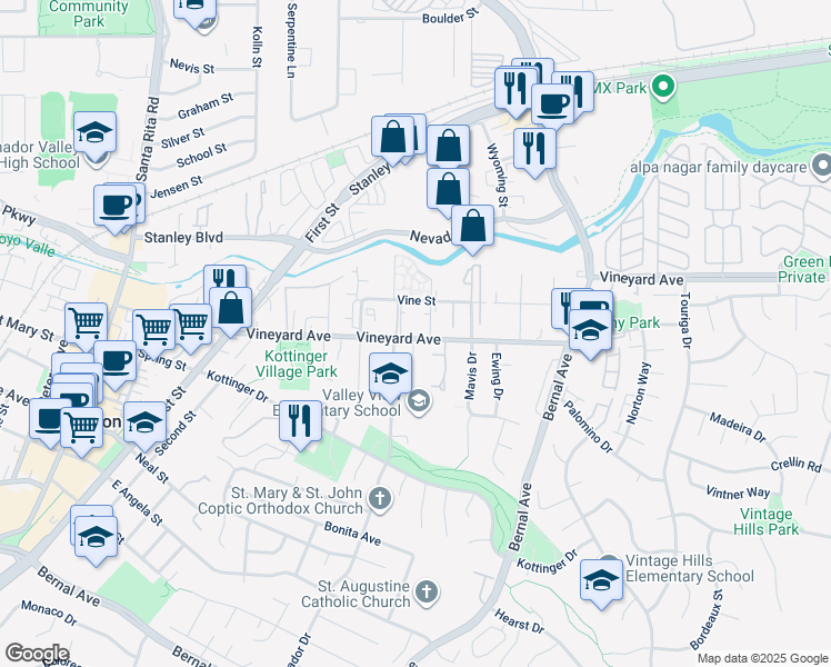 map of restaurants, bars, coffee shops, grocery stores, and more near 3819 Vineyard Avenue in Pleasanton