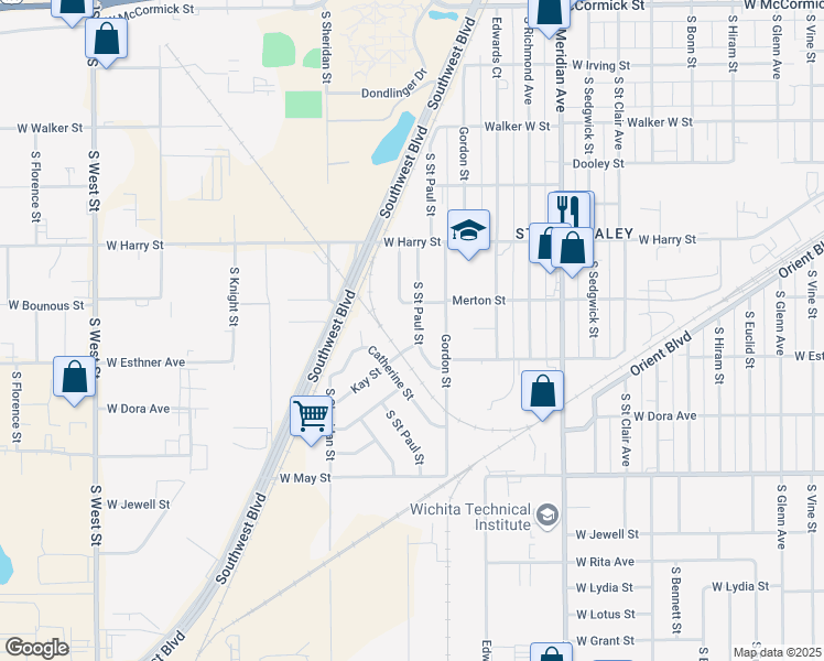 map of restaurants, bars, coffee shops, grocery stores, and more near 1727 Saint Paul South Street in Wichita