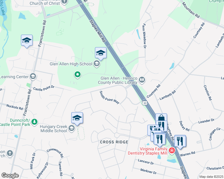 map of restaurants, bars, coffee shops, grocery stores, and more near 5117 Topping Lane in Glen Allen