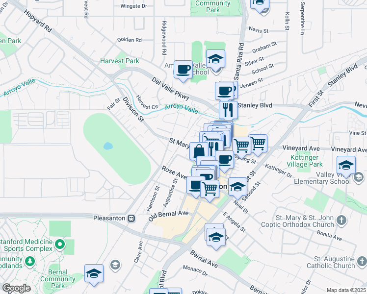 map of restaurants, bars, coffee shops, grocery stores, and more near 496 Saint Mary Street in Pleasanton
