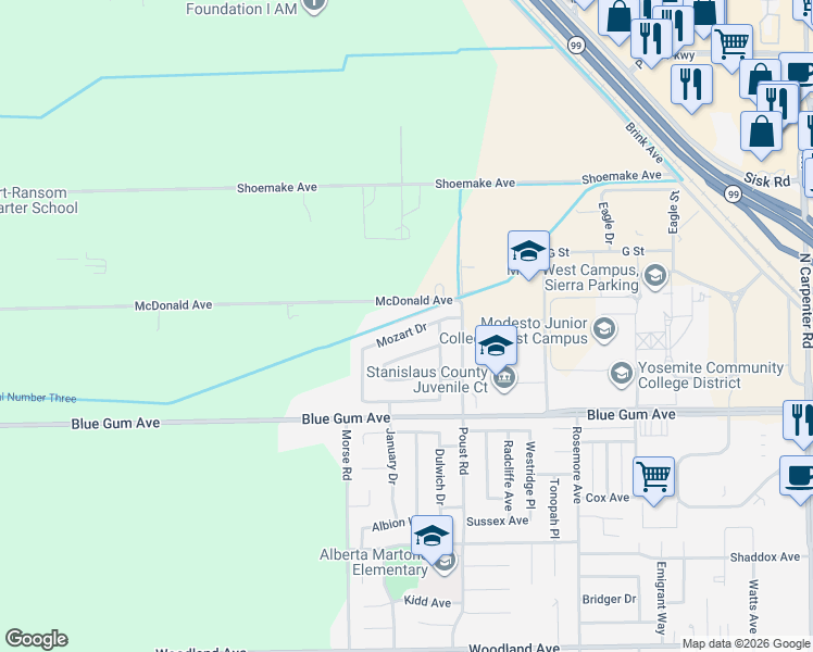 map of restaurants, bars, coffee shops, grocery stores, and more near 2730 McDonald Avenue in Modesto