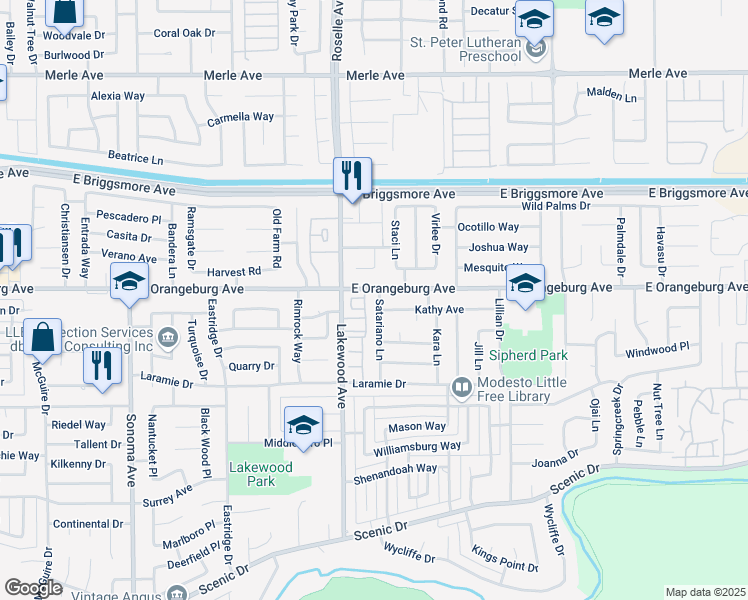 map of restaurants, bars, coffee shops, grocery stores, and more near 3100 East Orangeburg Avenue in Modesto
