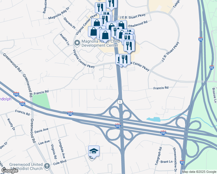 map of restaurants, bars, coffee shops, grocery stores, and more near 1210 Old Francis Road in Glen Allen
