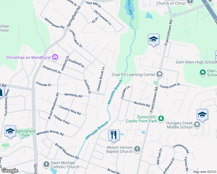 map of restaurants, bars, coffee shops, grocery stores, and more near 9324 Crystal Brook Terrace in Glen Allen