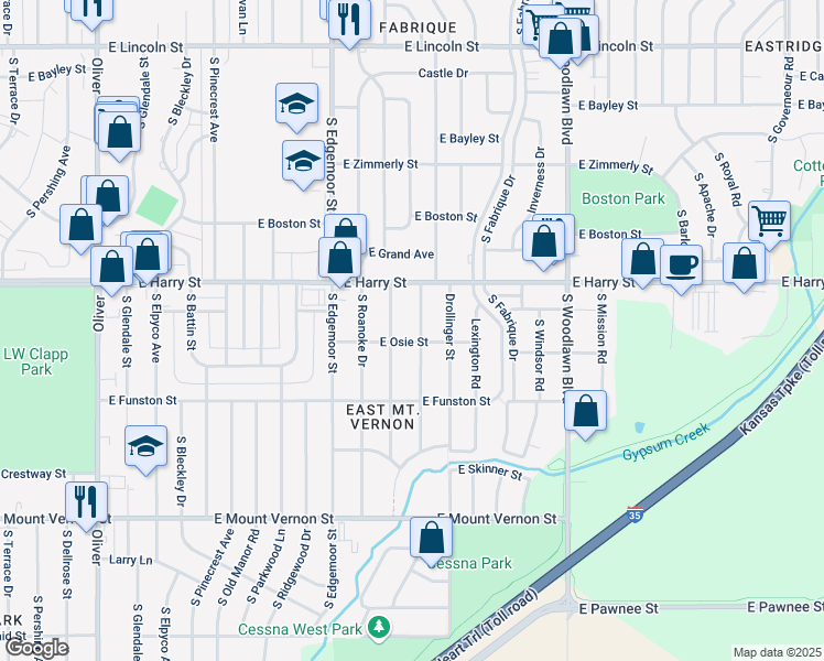 map of restaurants, bars, coffee shops, grocery stores, and more near 1632 S Green Acres St in Wichita