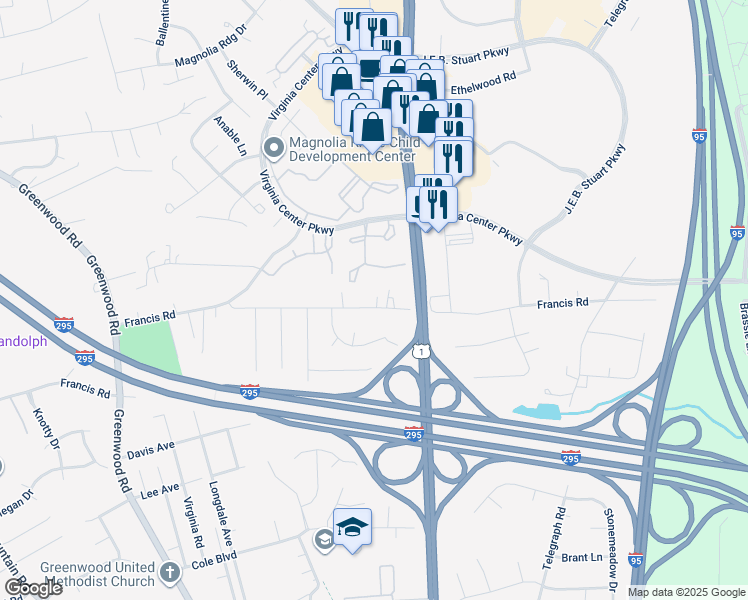 map of restaurants, bars, coffee shops, grocery stores, and more near 1212 Old Francis Road in Glen Allen