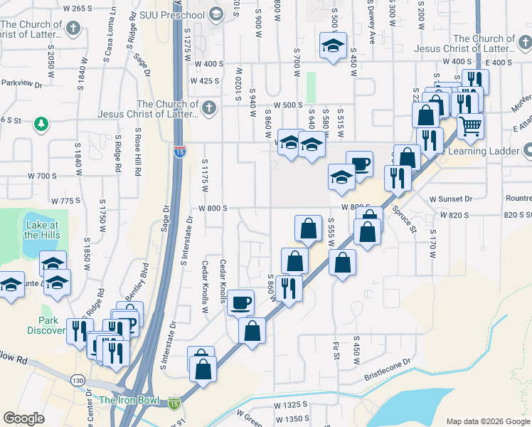 map of restaurants, bars, coffee shops, grocery stores, and more near 814 South 860 West in Cedar City