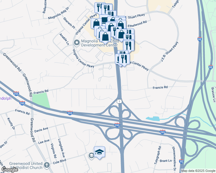 map of restaurants, bars, coffee shops, grocery stores, and more near 1210 Old Francis Road in Glen Allen