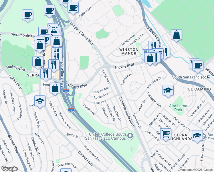 map of restaurants, bars, coffee shops, grocery stores, and more near 147 Longford Drive in South San Francisco