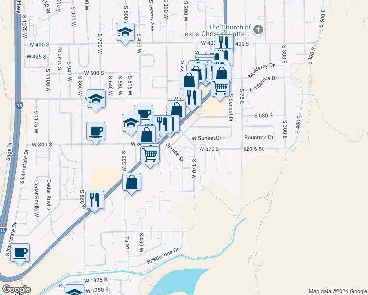 map of restaurants, bars, coffee shops, grocery stores, and more near 849 Spruce Street in Cedar City
