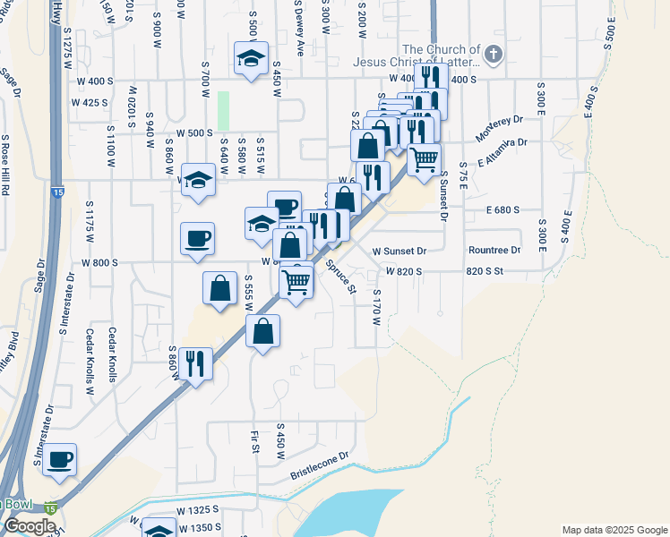 map of restaurants, bars, coffee shops, grocery stores, and more near 797 South Main Street in Cedar City
