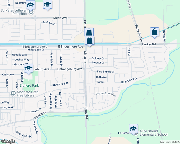 map of restaurants, bars, coffee shops, grocery stores, and more near in Modesto