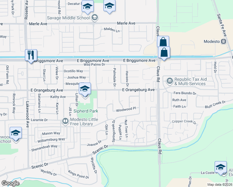 map of restaurants, bars, coffee shops, grocery stores, and more near 1353 Hidden Glen Drive in Modesto