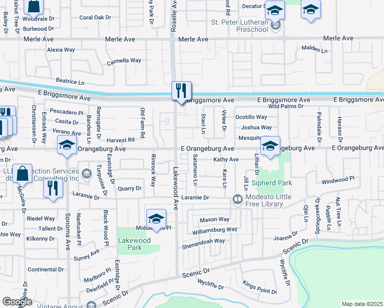 map of restaurants, bars, coffee shops, grocery stores, and more near 3100 East Orangeburg Avenue in Modesto