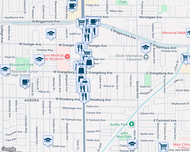 map of restaurants, bars, coffee shops, grocery stores, and more near 162 East Orangeburg Avenue in Modesto