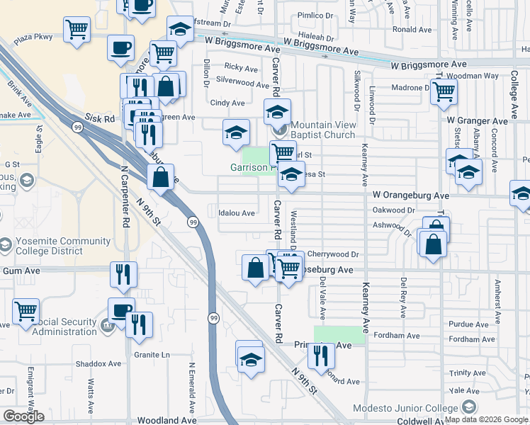 map of restaurants, bars, coffee shops, grocery stores, and more near 1334 Grape Avenue in Modesto
