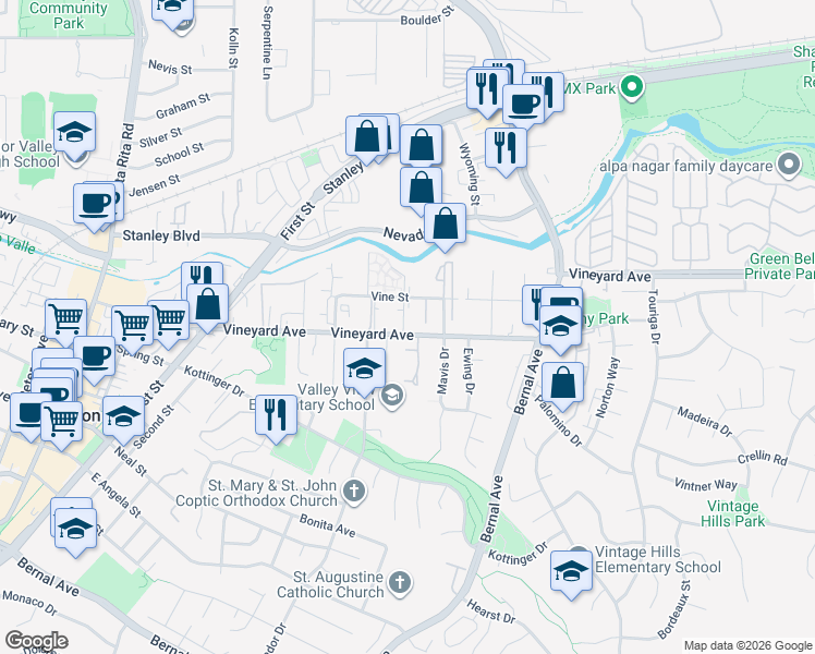 map of restaurants, bars, coffee shops, grocery stores, and more near 3767 Vineyard Avenue in Pleasanton